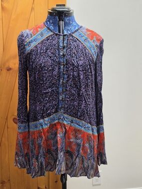 Ecote Purple and Red Paisley Button-Front Mini Dress